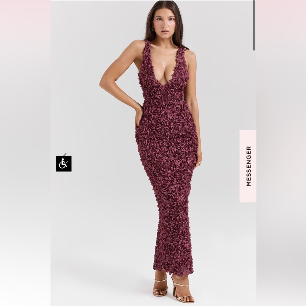 House of CB CARENA MERLOT PLUNGE FLORAL APPLIQUÉ MAXI DRESS